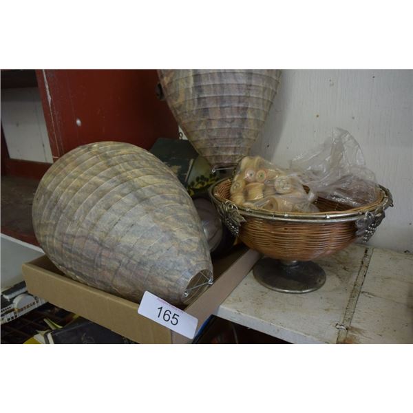 2 wasp nest decoys, wooden spools, wooden