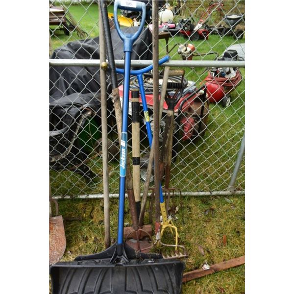 Snow shovel, sledge hammer, pitch forks, rake,