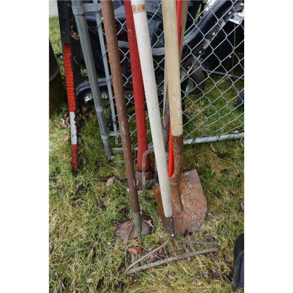 Shovel rake, hoe pitch fork, pickaxe, axe,