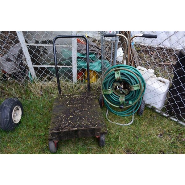 Rolling hose reel, metal/wood cart