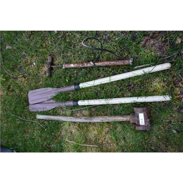 Vintage hand air pump, oars, sledge hammer