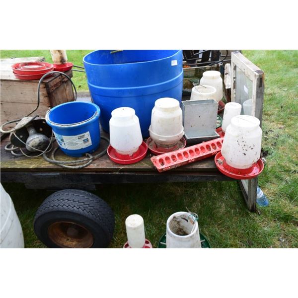 Bird feeders, heat lamp, plastic heated bucket