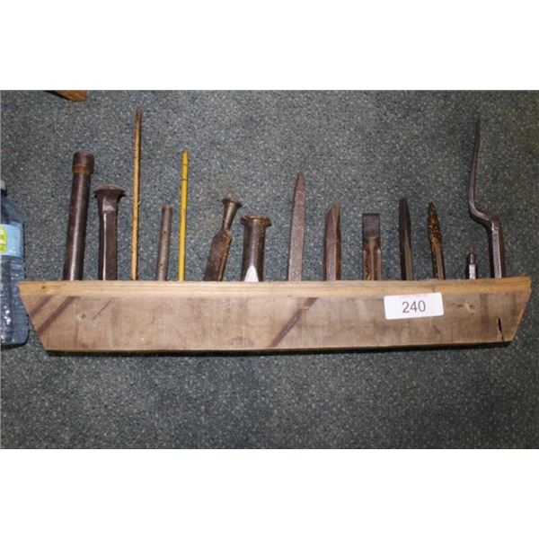 Set of cold chisels w/ wood holder