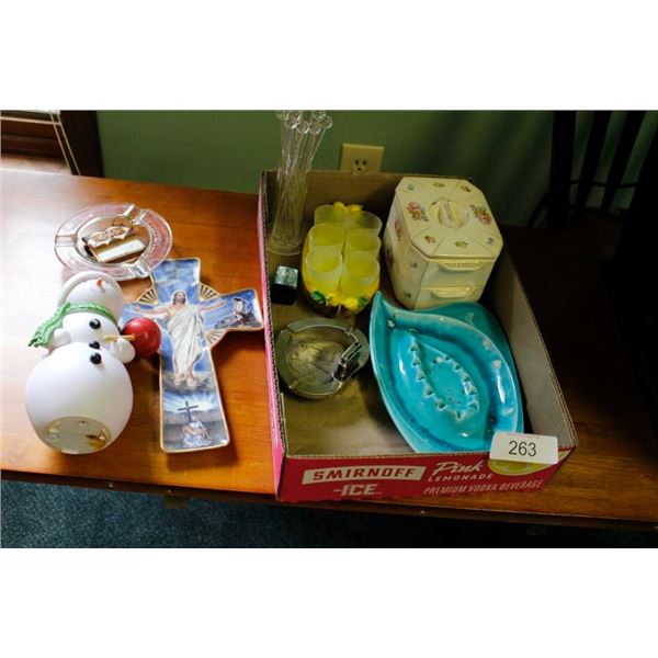 Ashtrays, snowman ornament, shot glass platter,