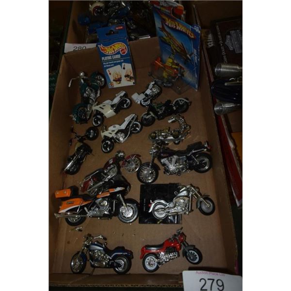 Motorcycle toys, hot wheels playing cards,