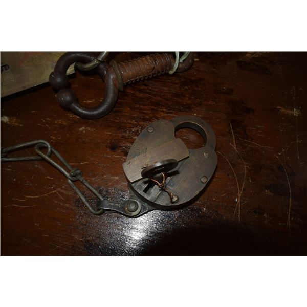 Antique padlock, hanging scale