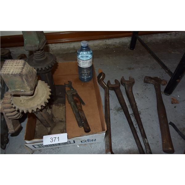 Vintage hand crank jacks, large wrenches, ball