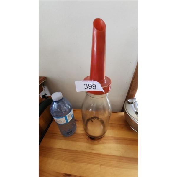 Vintage glass oil fill bottle  w/ plastic spout