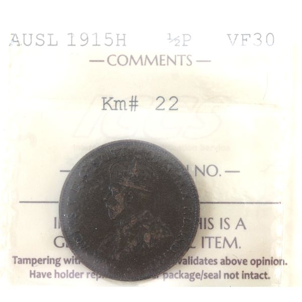 Australia 1915H Halfpenny ICCS VF30, KM-22 