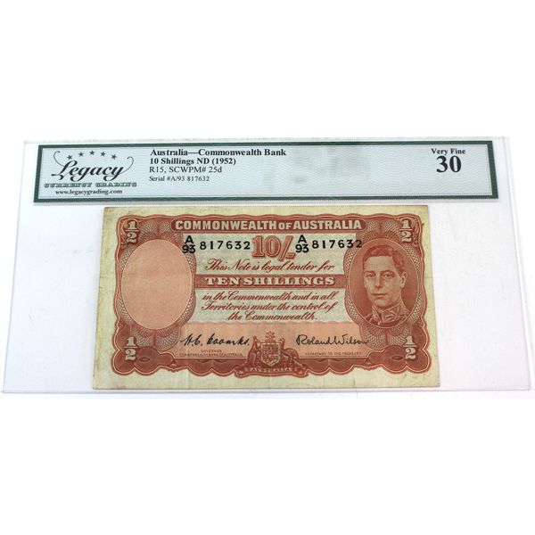 Australia ND(1952) Pick#25d Banknote Commonwealth Bank 10 Shillings Legacy VF30 Coombs-Wilson 