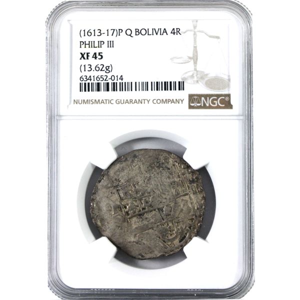 Bolivia Silver (1613-17)P Q Phillip III 4 Reales NGC EF45