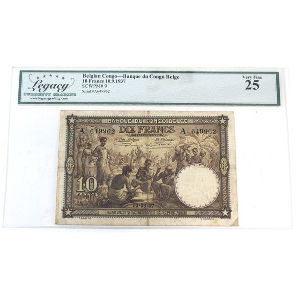 Congo, Belgian 1937 Pick#9, 10 Francs Legacy VF25 SN: A649962 