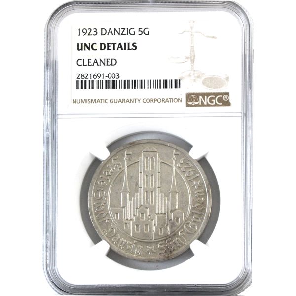 Danzig, Free City Silver 1923 5 Gulden NGC UNC Details, Cleaned