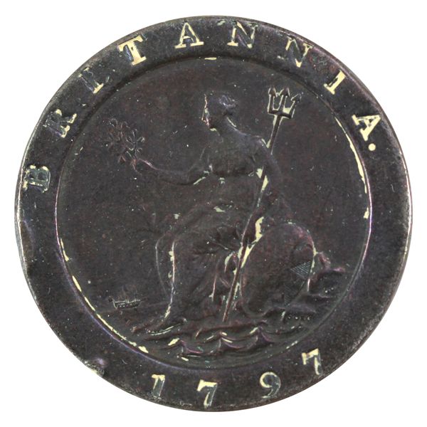 Great Britain 1797 George III 2 Pence VF-EF (Rim Bump). Hints of Wine-Red Lustre! 