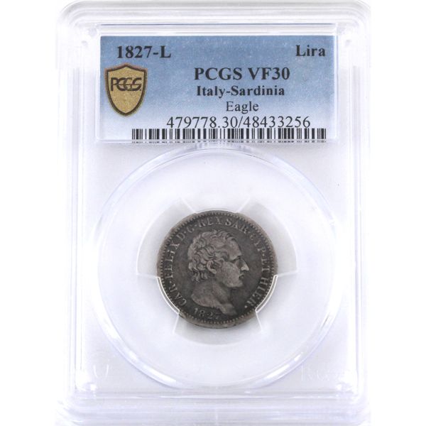 Italian States-Sardinia Silver 1827L Lira Eagle PCGS VF30