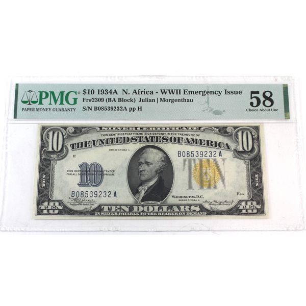USA 1934A FR#2309 $10 PMG AU58 Julian-Morgenthau N. Africa WWII Emergency Issue SN: B08539232A