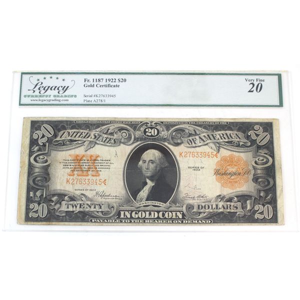 USA 1922 FR#1187 $20 Gold Certificate Legacy VF20 Speelman-White SN: K27633945