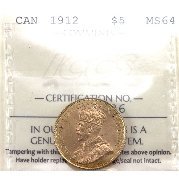 1912 Gold $5 ICCS MS64