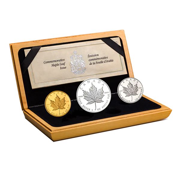 1989 Commemorative Maple Leaf Issue Proof 3-Piece 1oz Fine Silver, 1oz Gold & 1oz Platinum Set