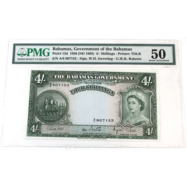Bahamas 1936 (ND 1963) Pick#13d Banknote 4 Shillings PMG AU50 Sweeting-Roberts Printer TDLR