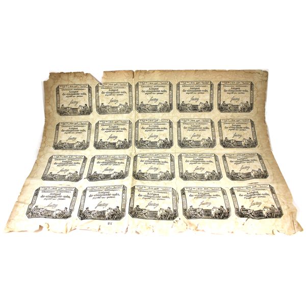 France 1793 50 Sols Uncut sheet of 20x Paper Assignats