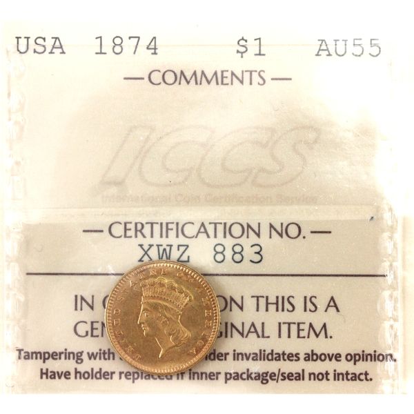 USA Gold 1874 Dollar Type 3, Large Princess Indian Head ICCS AU55
