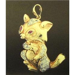 Ruby and diamond cat pendant, 14K yellow gold, rubies, round, faceted, approx. .06 carats, Clarity s