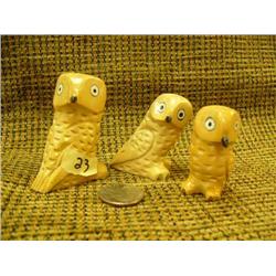 Lot of 3: bone owls with ivory and baleen eyes and baleen beak signed H.B.S. (33)