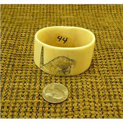 Ivory napkin holder scrimshawed with walrus, bear and bird - very primitive Alaska Native carving (3
