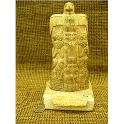 Southeast Alaskan looking bone sculpture of 3 totem poles presented as "West Coast Indian Style" 9.5