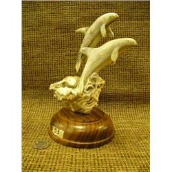 Porpoise sculpture made of antler on wood base 8" tall Imported (33)