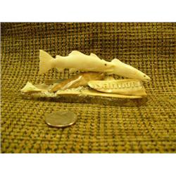 Fossilized walrus Ivory carving of salmon on ivory chips and bone base 5" long by J.B.N done in '95 