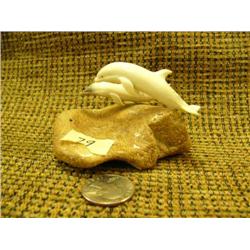 Bone carving of porpoises on bone 2.5" tall Imported - damage to tail on one whale (33)