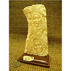 CHOICE on 2 bone relief carving of American Indian, wolves, eagles, bears on wood base 6" tall Impor