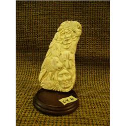 CHOICE on 2 bone relief carving of American Indian, wolves, eagles, bears on wood base 6" tall Impor