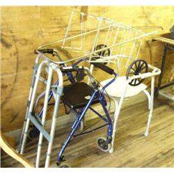 Lot of handicap supplies: walker, portal-potty, walker with wheels and shopping cart (153)