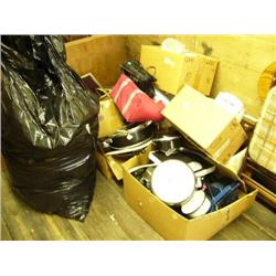 Lot of boxes of misc. household items: leather jacket, misc. fabric and cloth, sleeping bag, toaster