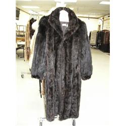 Full length brown mink coat with black sable sleeves approx. size L (28)