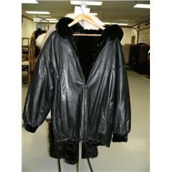 Reversible black leather and mink coat with black fox ruff approx size men's XL