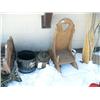 Image 11 : Lot of: antique baby cradle, canoe paddles, granite wear, Pegasus, plant stand, lamps, old leather s