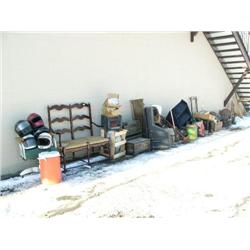 Lot of: antique baby cradle, canoe paddles, granite wear, Pegasus, plant stand, lamps, old leather s