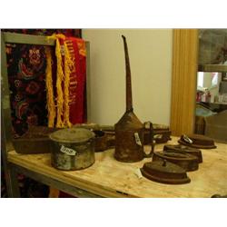 Lot of: old sad irons, pipe wrenches, lunch bucket, oiling can (2)