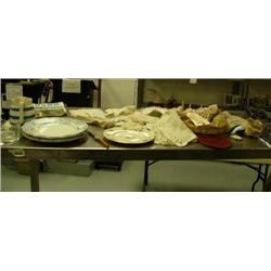 Lot of: lace, linen, shot gun lighter, cut glass ashtray, etc. (2)