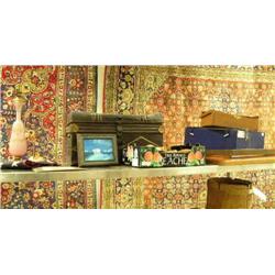 Lot of: antique trunk, lamp, shoe stretchers, frames, original oil by Leona of polar bear (20