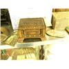 Image 5 : Entire shelf: small oriental rug, old prints, type writer, flat wear, carved wood box, old wood coff