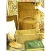 Image 7 : Entire shelf: small oriental rug, old prints, type writer, flat wear, carved wood box, old wood coff