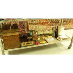 Lot of: antique ice box, old Anchorage wood crate, large lot of flat wear with bone handles, green f