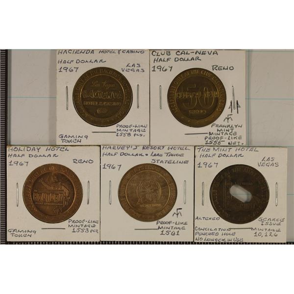 5-1967 METAL CASINO 50 CENT GAMING TOKENS: