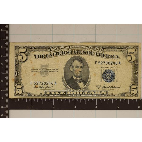 1953-A US $5 SILVER CERT, BLUE SEAL