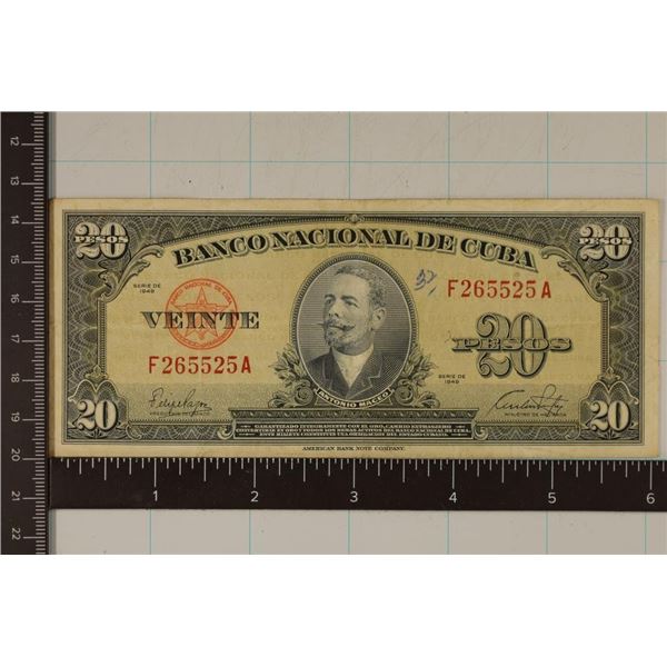 1949 CUBA 20 PESO BILL.  INK ON THE OBVERSE